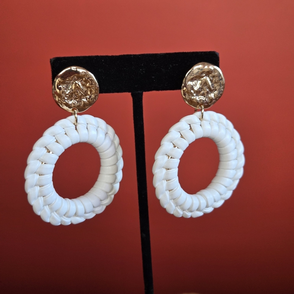 RUSH by Denis & Charles Handmade Gold Tone Wrapped Hoop White Dangle Earrings